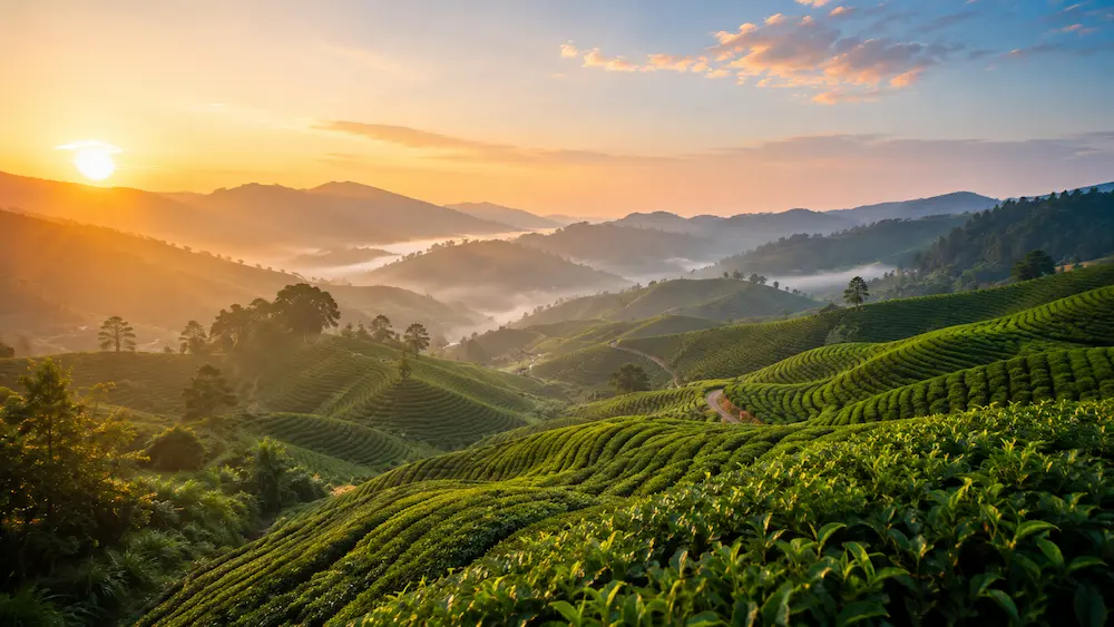Illustrated Malaysian rainforest route with warm morning light