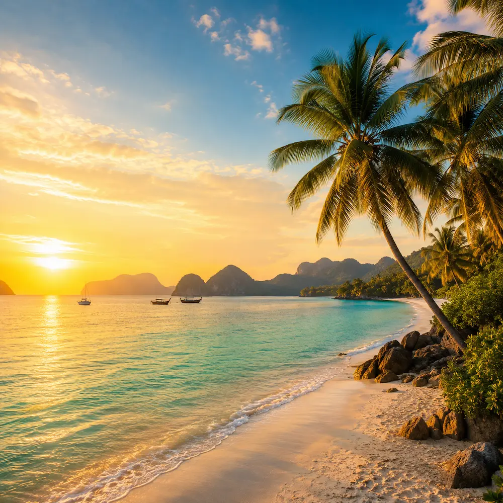 Illustrated Malaysian coastline with rainforest hills and warm tropical light